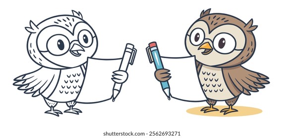 Cartoon cute Owl holding a pen an white sheet Coloring Children's Book or page vector illustration. Educational game for for Kids.