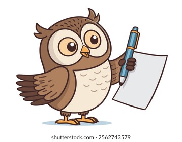 Cartoon cute Owl holding a pen and white sheet vector illustration. Funny and Smart animal character for Educational game for Kids.