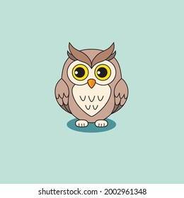 Cartoon cute owl isolated on turquoise background. Wild bird illustration - vector owl.