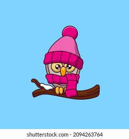Cartoon cute owl on the branch. Vector illustration