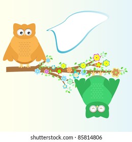 A cartoon cute owl sits on branch tree background vector