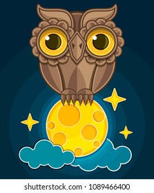 cartoon cute owl sitting on a moon and stars with clouds. vector illustration