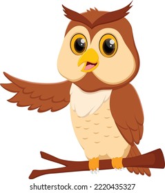 Cartoon cute owl sitting on branch 