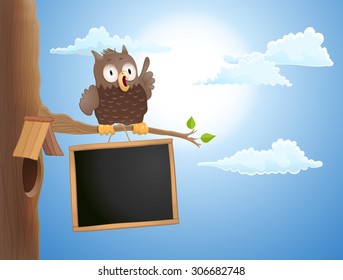 cartoon cute owl sitting on branch and a chalkboard. vector illustration