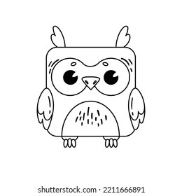 A cartoon cute owl square shape. Coloring book. Vector linear illustration isolated on white background.