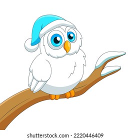 Cartoon cute owl with winter hat on  branch. Vector illustration