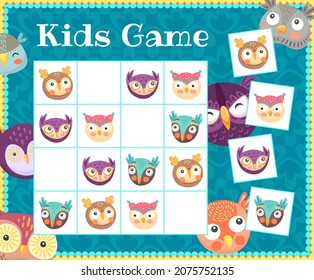 Cartoon cute owlets and owls, kids sudoku game or tabletop puzzle, vector. Sudoku board game or child logic puzzle with funny owls birds with big eyes and pattern feathers, riddle game