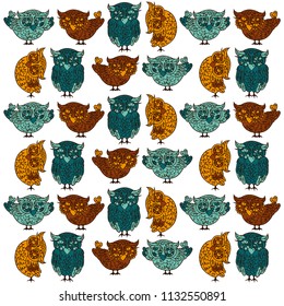 Cartoon cute owls set. Funny and sweet colored birds collection, pattern. Vector illustration. seamless texture owls