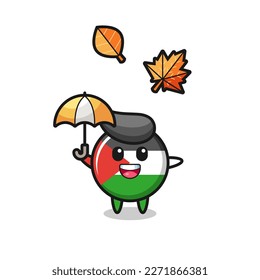 cartoon of the cute palestine flag badge holding an umbrella in autumn , cute style design for t shirt, sticker, logo element