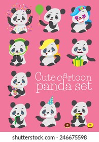 cartoon cute panda birthday vector set with different happy emotions