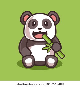 cartoon cute panda eating bamboo illustration