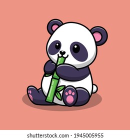 cartoon cute panda eating bamboo