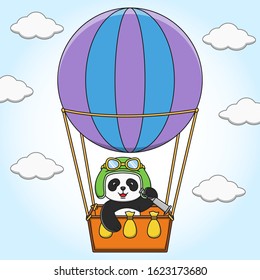 Cartoon cute panda flying with air balloon vector illustration design