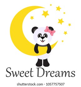 cartoon cute panda girl with bow and moon with text
