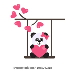 cartoon cute panda girl with heart on a swing and on a lovely branch