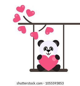 cartoon cute panda with heart on a swing and on a lovely branch