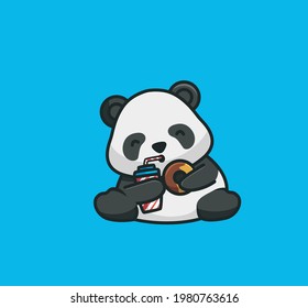 Cartoon Cute panda holding and eating a donut with a drink in restaurant fast food junkfood make fat. Food and Drink Cartoon Flat Style Icon illustration Premium Vector Logo