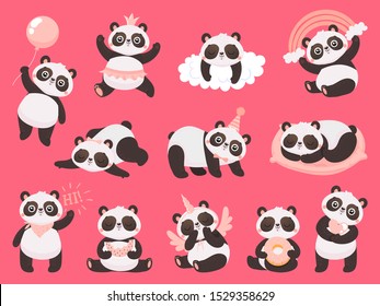 Cartoon cute panda. Little baby pandas, adorable sleeping animals and pink princess panda bear. Chibi mascot character, bamboo pandas expression. Isolated vector illustration icons set