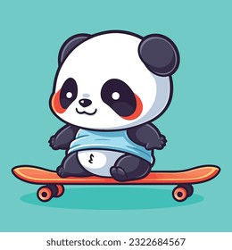 cartoon cute panda play skateboard, vector illustration