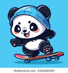 cartoon cute panda play skateboard, vector illustration