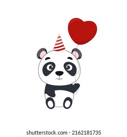Caricatura lindo panda con globo rojo. Postcard en estilo de dibujos animados para niños. Ilustración vectorial para diseño o impresión