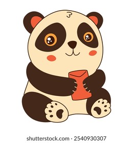 Cartoon cute panda with red gift envelope. Chinese new year children art