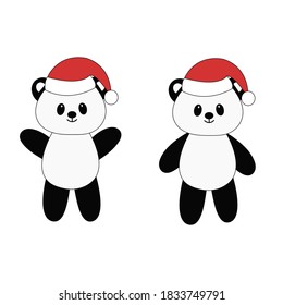 Caricatura del lindo panda en el sombrero de Santa. Ilustración vectorial. Tarjeta de Navidad.	
