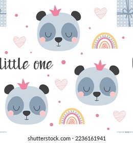 cartoon cute panda seamless pattern on white background, vector illustration with animal and rainbows