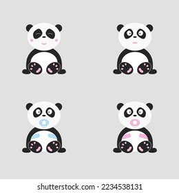 Caricatura adorable conjunto panda sonriendo, pacificador, sorprendido