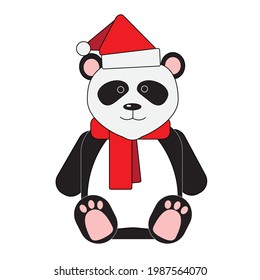 Cartoon cute panda wearing red santa hat and scarf isolated on white background