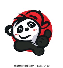 Cartoon Cute Panda Wearing Red Hat Giving Thumb Up Isolated On White Illustration Vector.