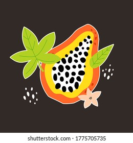 Caricatura de papaya linda, elementos decorativos sobre un fondo neutro. Ilustración vectorial colorida. estilo plano. diseño para tarjetas, impresiones, carteles, logotipo, portada