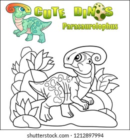 cartoon cute parasaurolophus, funny illustration coloring book