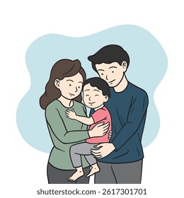 Cartoon cute parents and baby vector. vector illustration of young mother and father having a baby.
