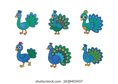 Cartoon cute peacock vector illustration bundle