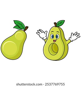 Desenhos animados de frutas de pera fofinhas levantando as mãos