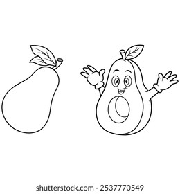 Cartoon cute pear fruit raising his hands line art