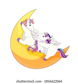 Cartoon cute Pegasus on the Moon, Vector Pegasus and Crescent Moon, Isolated Pegasus in Cartoon style, Cute Flying horses on white isolated background for stickers, prints in Children’s goods fields. 