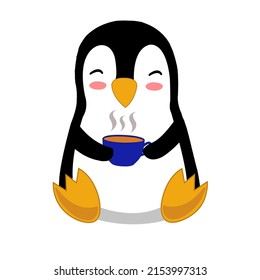 Cartoon Cute Penguin and Coffee Vector Illustration