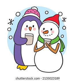 Cartoon cute penguin drinking coffee with snowman vector.