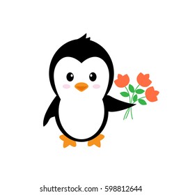 cartoon cute penguin with flowers