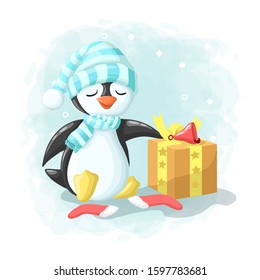 Cartoon Cute Penguin with Gift Box Merry Christmas Illustration Vector