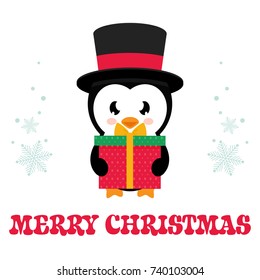 cartoon cute penguin with gift and text