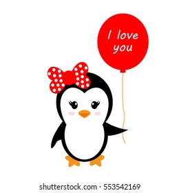 cartoon cute penguin girl with balloons