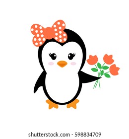 cartoon cute penguin girl with flowers