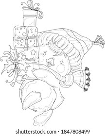 Cartoon cute penguin in hat and scarf with presents box sketch template. Christmas vector illustration of bird in black and white. Children's story book, fairytail, coloring paper, page