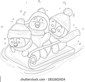 Cartoon cute penguin kids in hats and scarfs ride sleigh sketch template. Christmas vector illustration of birds in snow in black and white for games, background, pattern, decor. Coloring paper, page