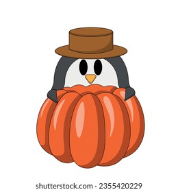 Cartoon cute Penguin and Pumpkin in color