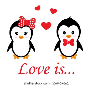 cartoon cute penguin set with heart with text