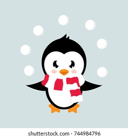 cartoon cute penguin with snowball on background